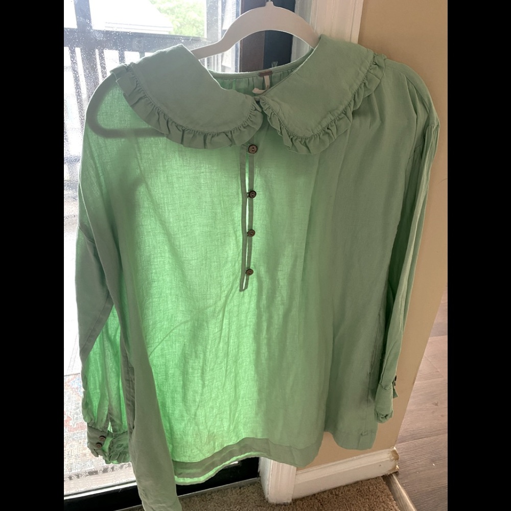 Free People Linen Long Sleeved Mini Dress in Pastel Green